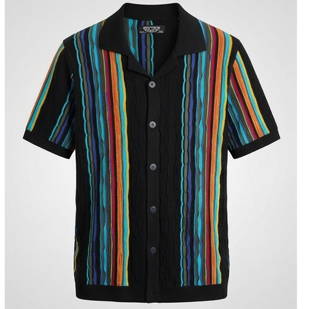 Ringspun Mens XXL Coogi Style Vertical Stripe Knit Button Up‎ Shirt Black Multi